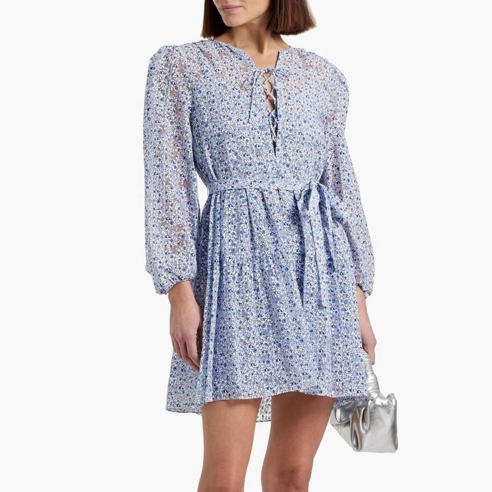 NWT Maje Burnout Effect Floral Print Woven Mini Dress Long Sleeve Lace Up Sz 40